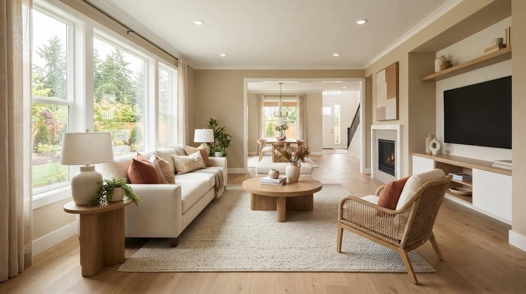 Interior design layout with clear traffic flow and furniture spacing