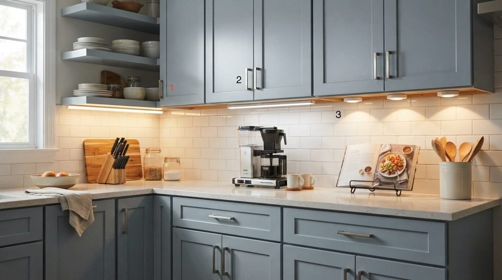 LED strips light bars and puck lights under kitchen cabinets