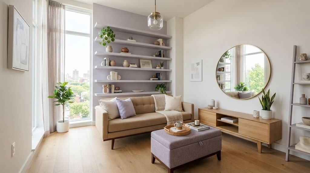 Small space interior design using vertical storage and natural light