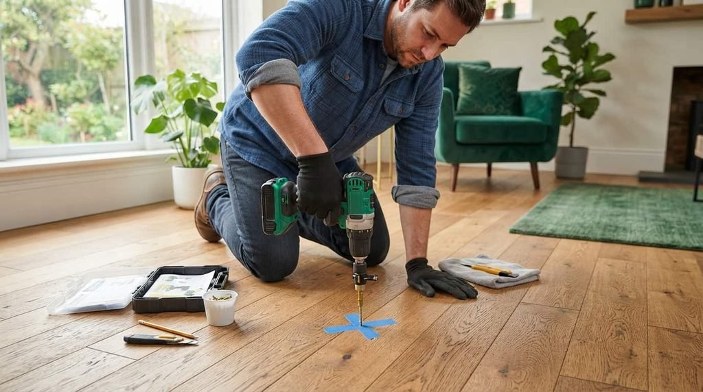 Using a specialized repair kit on a squeaky hardwood floor