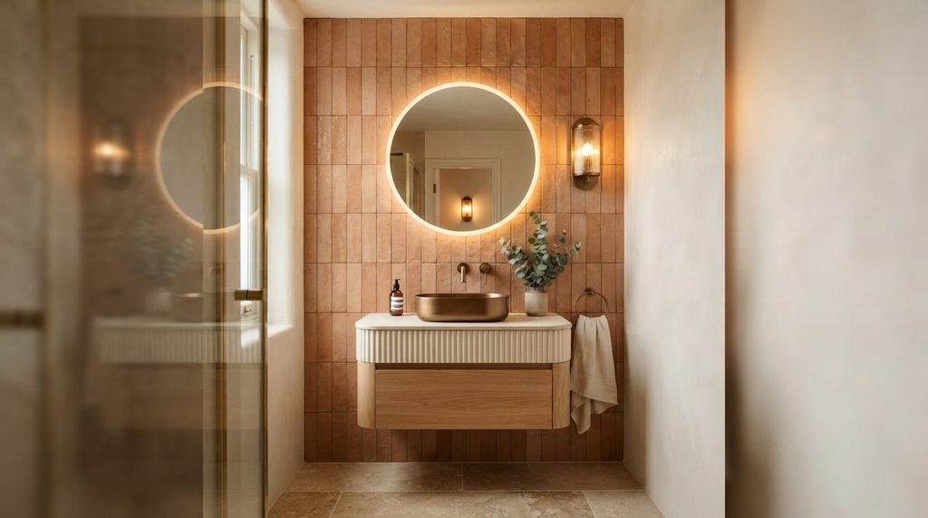 Vertical terracotta subway tile feature wall behind a bathroom mirror.
