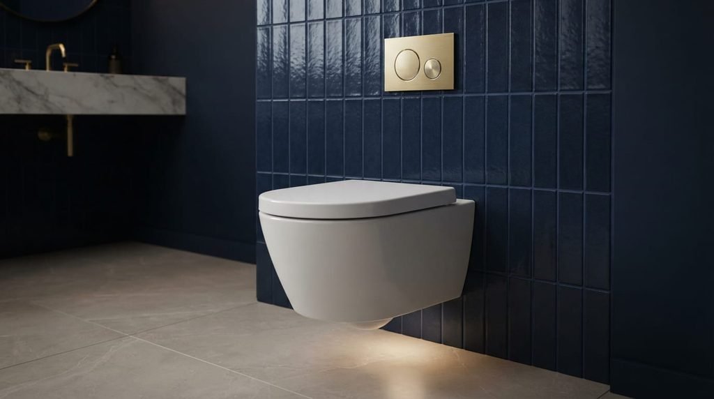 Wall-hung toilet mounted on a deep navy blue tile accent wall with gold trim.