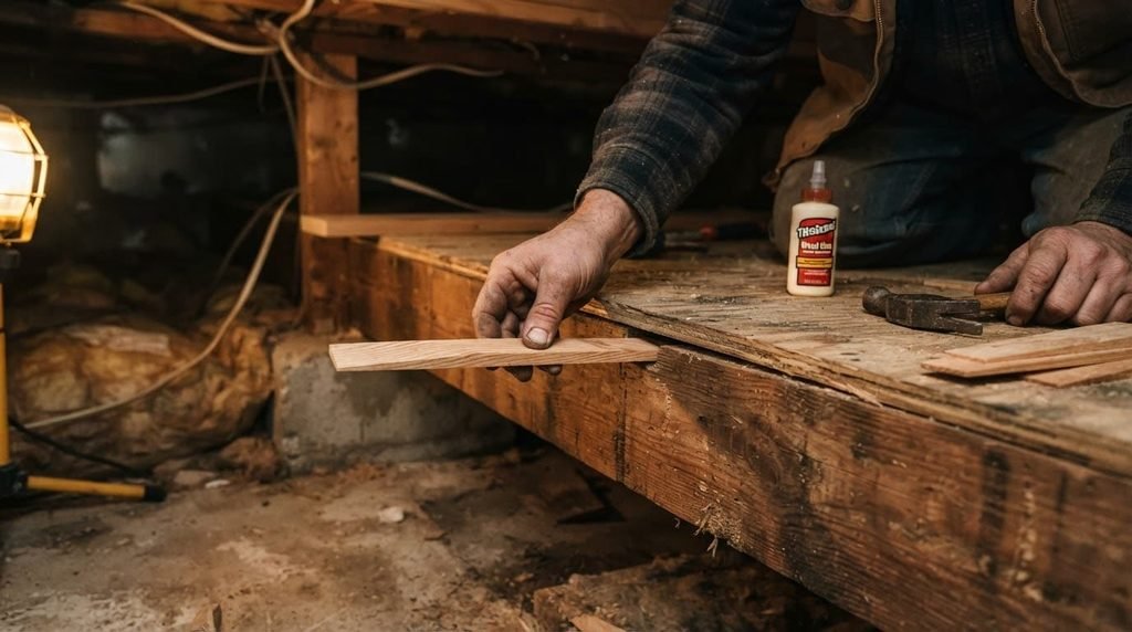 Wood shim filling a gap between a subfloor and joist