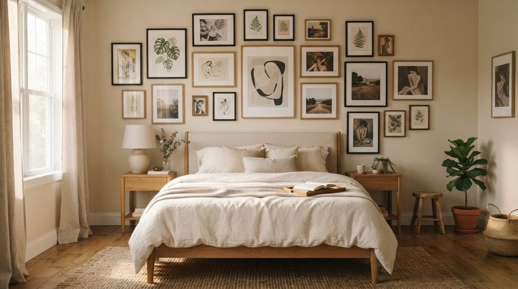 bedroom with a gallery wall of framed artwork above the bed