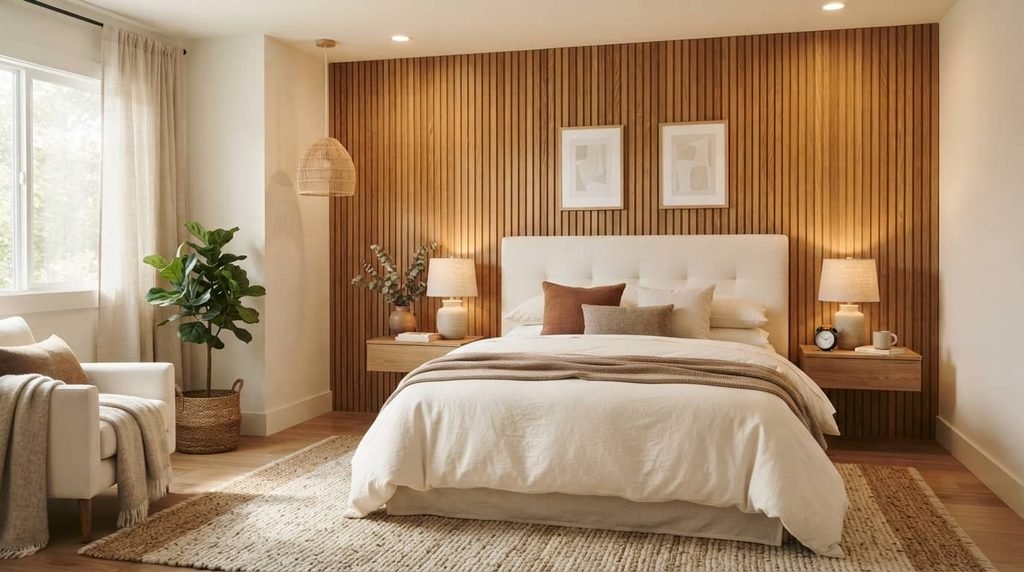 bedroom with a warm wood slat accent wall