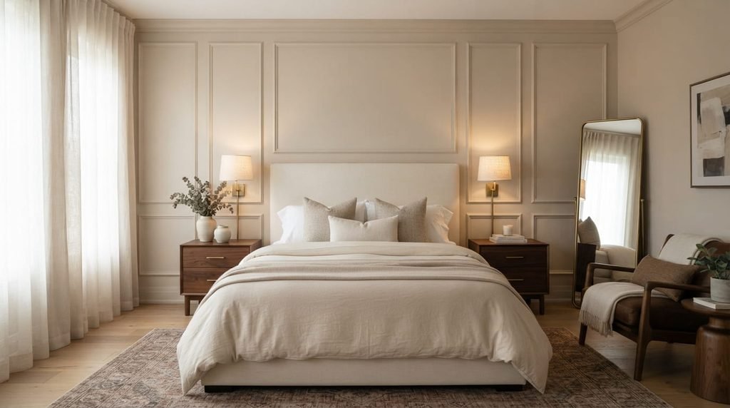bedroom with decorative wall molding behind the bed