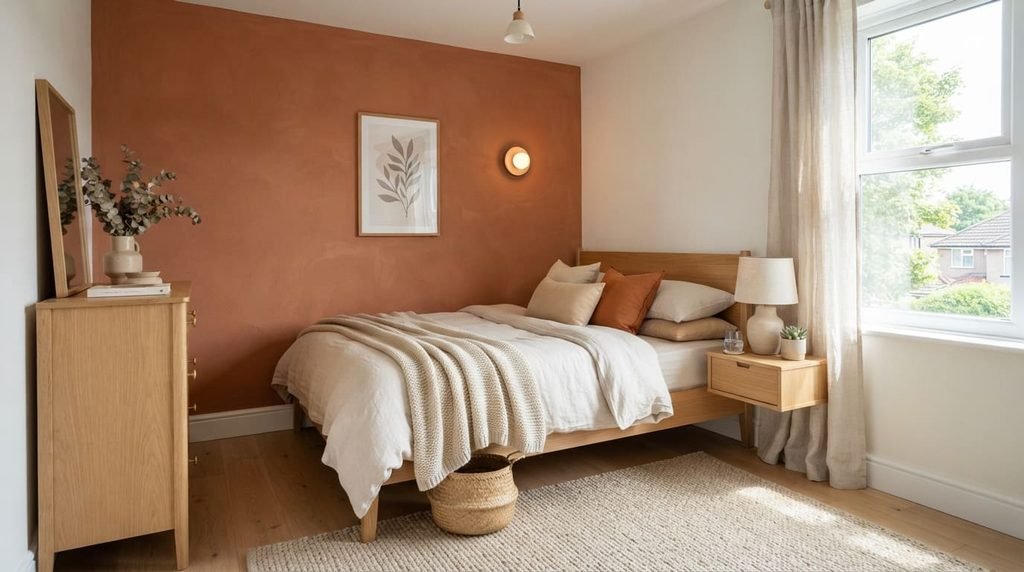 small bedroom with a terracotta accent wall
